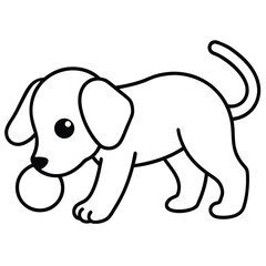 Cute cartoon puppy dog playing with a ball in a simple line drawing style
