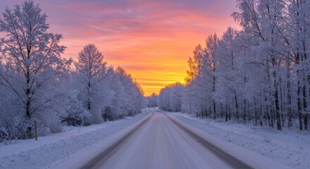 A snow-covered road stretches towards a vibrant sunset, flanked by frosted trees.