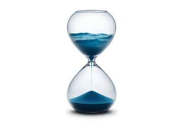 An hourglass filled with ocean waves instead of sand, tiny islands forming at the center, clear glass, isolated background, poetic time concept