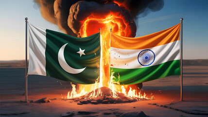 Flagpole Burn: A Powerful Visual Metaphor of the Conflict Between India and Pakistan, Symbolizing Political Tensions and Geopolitical Crises with a Dramatic Fire and Smoke.