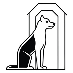 Stylized black and white illustration of a dog sitting in a doghouse