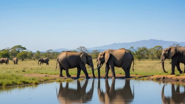 Two African elephants at a water hole. Tsavo East National Park, Kenya, African savannah. Wild nature scene with large mammals, blue sky, green grass and trees. 4k video