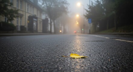 A misty, wet street scene with houses and trees in the background.