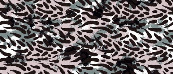 Seamless abstract botanical pattern. Simple background with green, black, pink, white texture. Digital brush strokes, plants. Design for textile fabrics, wrapping paper, background, wallpaper, cover.