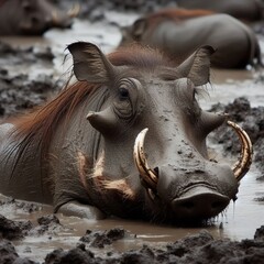 wallowing contently in mud tusks caked