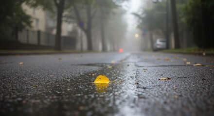 A lone yellow leaf floats in a rain-slicked street, shrouded in morning mist.
