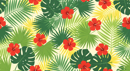 Vibrant tropical pattern with red hibiscus flowers and stylized palm leaves. © agra