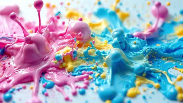 Colorful Paint Splashes Against White Background Featuring Blue Yellow And Pink Hues In Abstract Fluid Motion