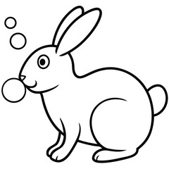 Cute cartoon rabbit blowing bubbles with a happy expression in black and white outline