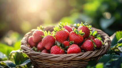 Fresh Red Strawberries in a Brown Wicker Basket Outdoors in Sunlight