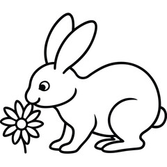 Cute black and white line drawing of a happy rabbit smelling a daisy flower