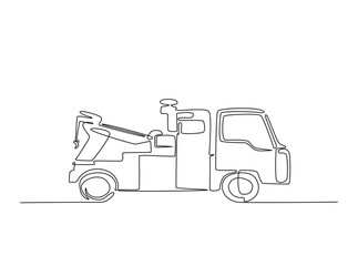 Tow truck with winches in single outline illustration. Continuous line art drawing of car tow truck.
