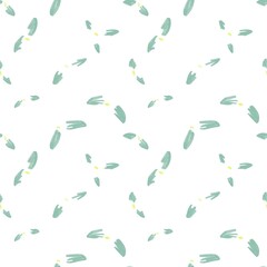 Seamless abstract botanical pattern. Simple background with green, white texture. Digital brush strokes. Flowers. Design for textile fabrics, wrapping paper, background, wallpaper, cover.