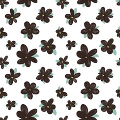 Seamless abstract botanical pattern. Simple background with black, green, white texture. Digital brush strokes. Flowers. Design for textile fabrics, wrapping paper, background, wallpaper, cover.