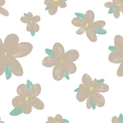 Seamless abstract botanical pattern. Simple background with beige, white texture. Digital brush strokes. Flowers. Design for textile fabrics, wrapping paper, background, wallpaper, cover.