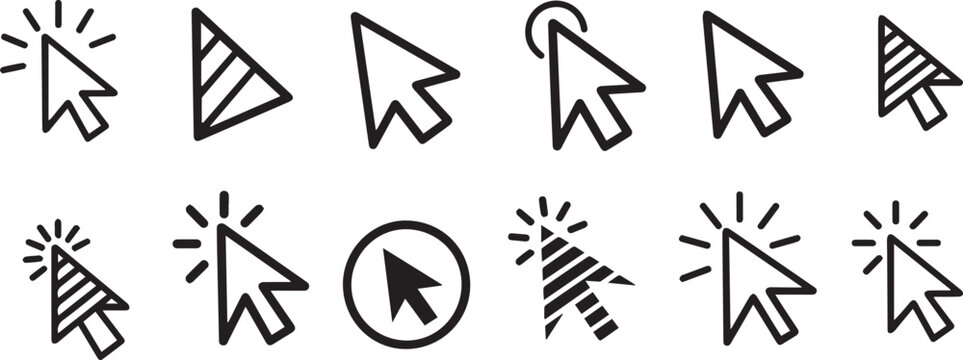 Cursor icons pointing and clicking with radiating lines pointer selection