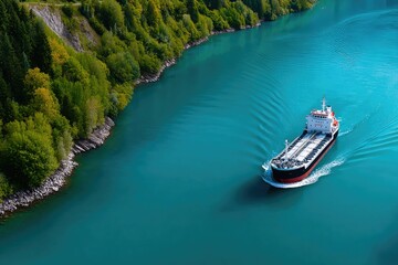 Cargo Ship Sailing Through Scenic Forest River