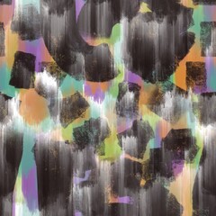 Seamless abstract textured pattern. Purple, green, orange, black stains on white. Digital brush strokes. Design for textile fabrics, wrapping paper, background, wallpaper, cover. Illustration.