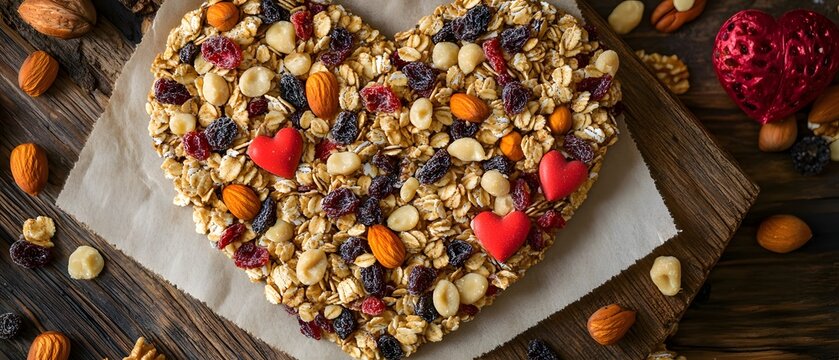 Heart-Shaped Granola Bar with Nuts and Dried Fruits