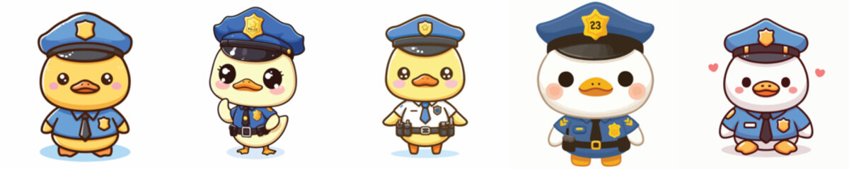 cute duck dressed as police icon set