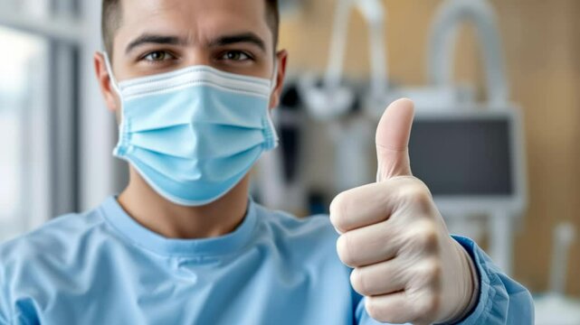 Male dentist in protective gear showing thumbs up in clean medical studio, symbol of safe healthcare environment - Powered by Adobe