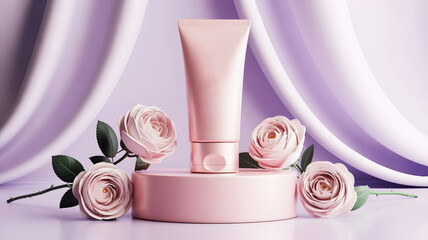 Elegant Cosmetic Tube Mockup on a Pink Pedestal with Roses: A Luxurious 3D Product Display for Skincare and Beauty Brands against a Serene Lavender Backdrop.