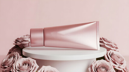 Elegant Rose Gold Skincare Tube on a Pedestal: A Luxurious 3D Product Mockup for Beauty and Cosmetic Brands, Featuring a Serene Pink Background and Romantic Roses.