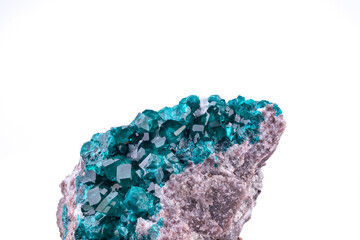 Dioptase. Specimen from Tsumeb Mine, Namibia. macro photography detail texture background. close-up mineral crystal unpolished semi-precious gemstone
