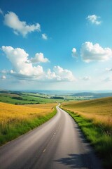 Fototapeta premium Serene Winding Country Road Vanishing into the Horizon A Breathtaking Landscape Photograph of Rolling Hills and Vast Skies, Perfect for Travel, Nature, and Rural Themes