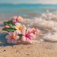 Fototapeta premium Pink Hibiscus and Plumeria Blossoms on Sandy Beach