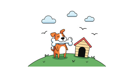 Naklejka premium Happy Dog Playing with Bone Outside Its Kennel under a Sunny Sky