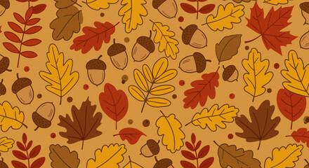 Fototapeta premium Autumnal Pattern with Stylized Oak Leaves Acorns and Berries in Warm Earth Tones.