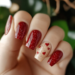 Romantic red glitter nails with heart accent - elegant Valentine’s manicure.  A perfect romantic nail design for Valentine’s Day, date nights, or anyone who loves sophisticated yet charming nail art.