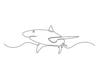 Wild shark in single outline illustration. Continuous line art drawing of shark fish.