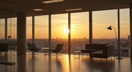 Interior office space with large windows overlooking a city skyline at sunset.