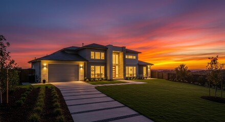 A modern two-story house with a long driveway under a vibrant sunset.