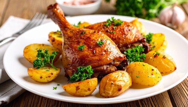 Duck Confit with Roasted Potatoes. Traditional French Food