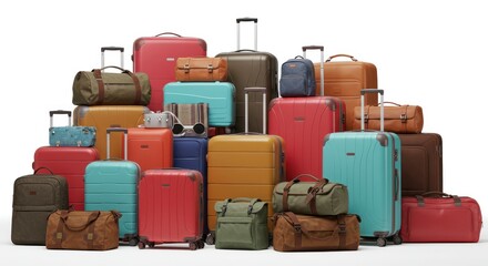 A collection of various colored suitcases and bags stacked against a white background, ready for travel.