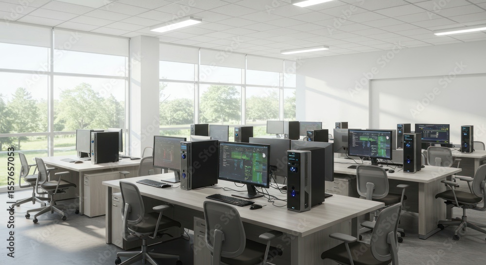 Aufkleber modern computer lab interior with multiple workstations arranged neatly, bright and spacious.