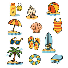 夏の海辺アイコンセット（ビーチ・レジャー・手描き風・かわいいイラスト）