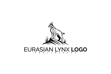 Fototapeta premium Powerful Eurasian Lynx Logo Design with a Minimalist Forest Scene. Ideal for Rugged Adventure Labels, Hiking Trails Branding, and Wildlife Tour Company Identity.