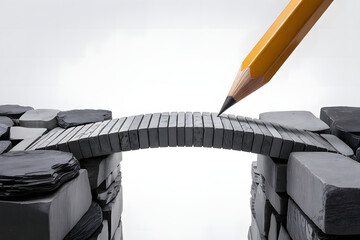 A pencil drawing a bridge across a gap in reality, with the drawn part turning into a real stone path, suspended in empty space, concept of creativity