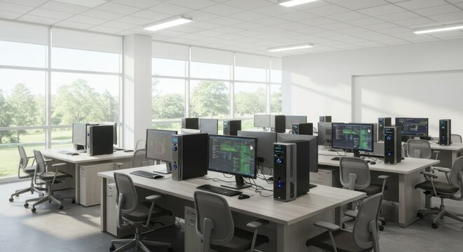 Modern computer lab interior with multiple workstations arranged neatly, bright and spacious.