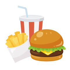 ハンバーガーとポテトとドリンクのセットのイラスト素材