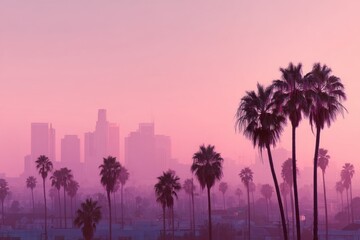 Pink and Purple City Skyline at Sunset with Palm Trees