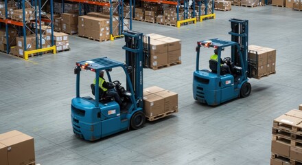 Two forklifts moving cardboard boxes in a warehouse, showcasing logistics and industrial activity.