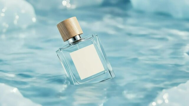 Perfume bottle floats in icy water; mockup