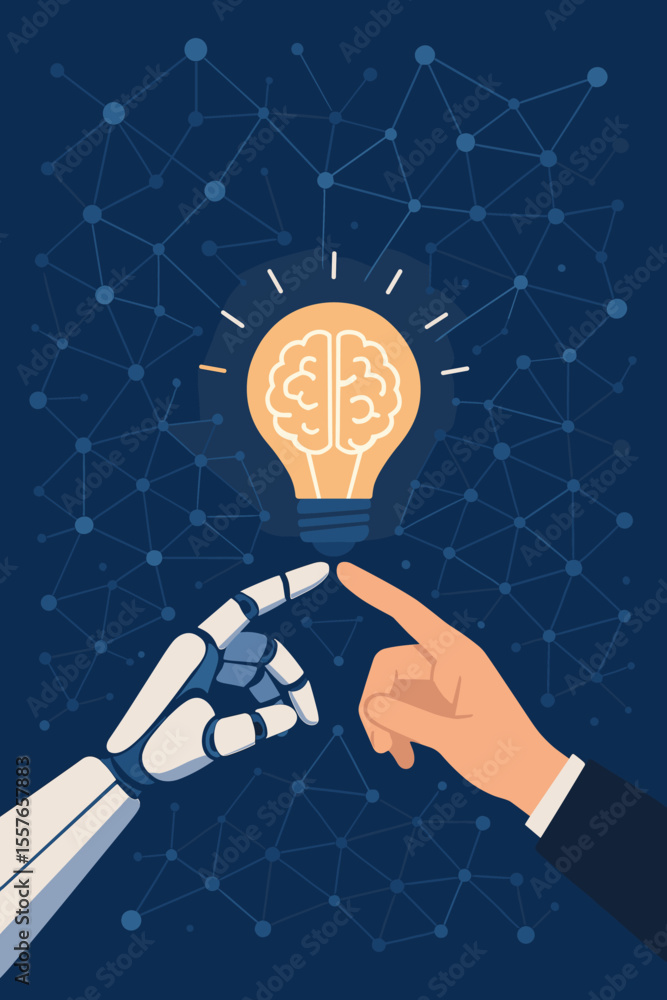 Poster concept of collaboration between human and artificial intelligence. robot and human hands pointing t