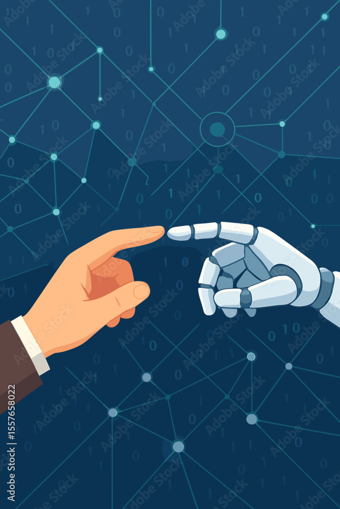 Poster ai and human collaboration. robot and human hands touching on a big data network background. artific