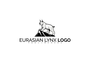 Fototapeta premium Eurasian Lynx Logo Design Featuring Stylized Trees and Mountain Ridge. Great for Outdoor Retreat Branding, Conservation Groups, and Eco-Tourism Visual Identity.
